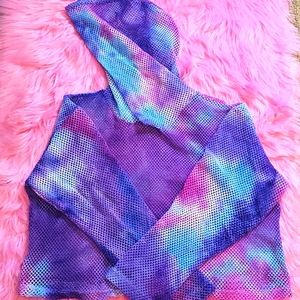 Juniors Large Mesh cropped tube. Hooded crop top, Mesh material, long sleeve